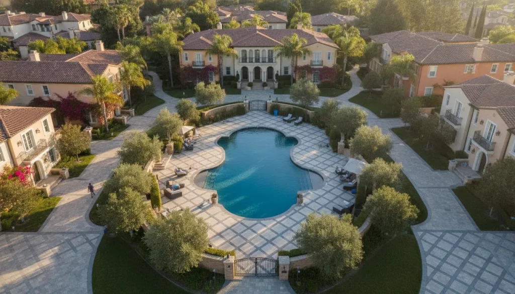 Aerial view of an Orange County HOA community with paver pool deck and entryway hardscape renovation