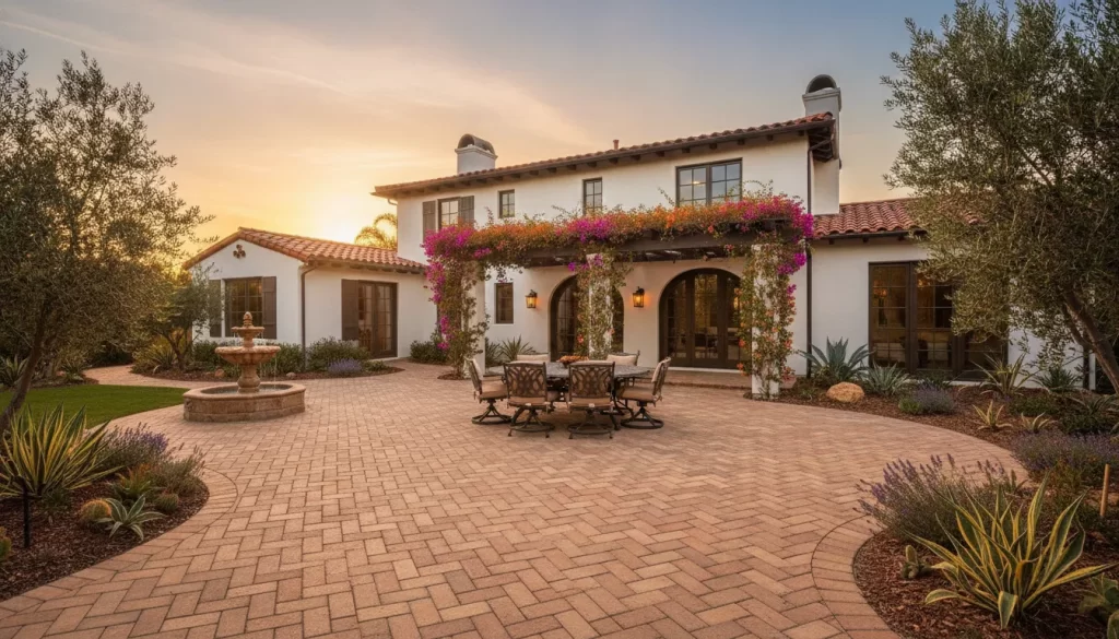 Ladera Ranch paver patio with warm earth-tone concrete pavers in herringbone pattern with outdoor furniture and landscaping
