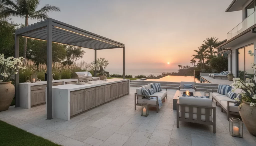 Luxury outdoor living space in Newport Beach featuring paver patio, outdoor kitchen, and fire feature with coastal architecture