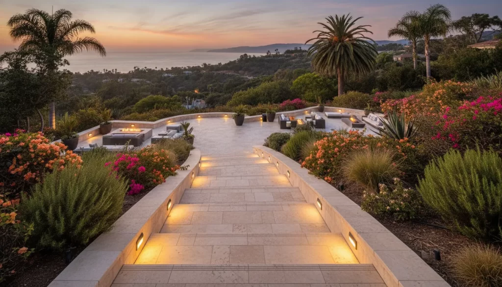 Multi-level paver steps on a hillside Orange County patio with warm sunset lighting and lush landscaping