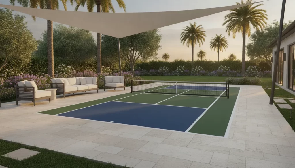 Luxury backyard pickleball court with acrylic surface and paver surround at an Orange County estate