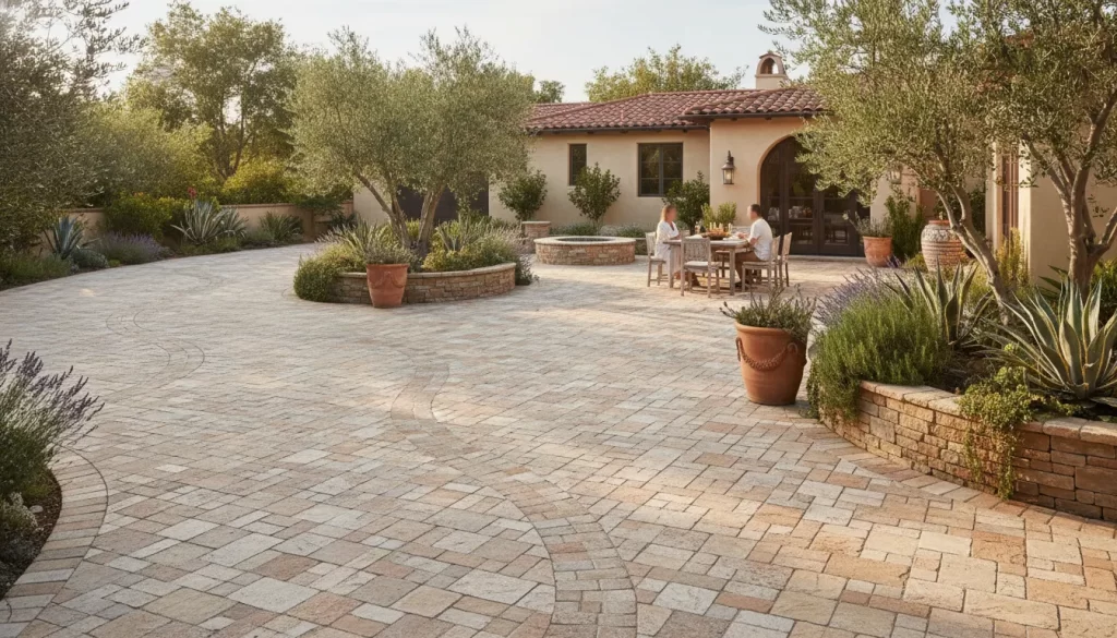 Concrete cobblestone pavers connecting an Orange County driveway and patio