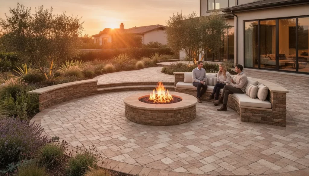 Custom paver fire pit area with curved seating in an Irvine backyard