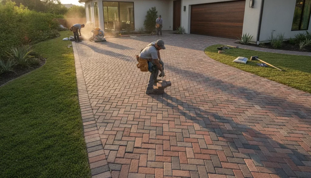 Custom herringbone paver driveway at a Southern California home