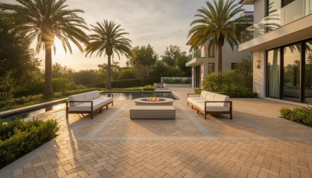 Elegant custom paver patio with travertine and porcelain pavers at a luxury Southern California home in Orange County