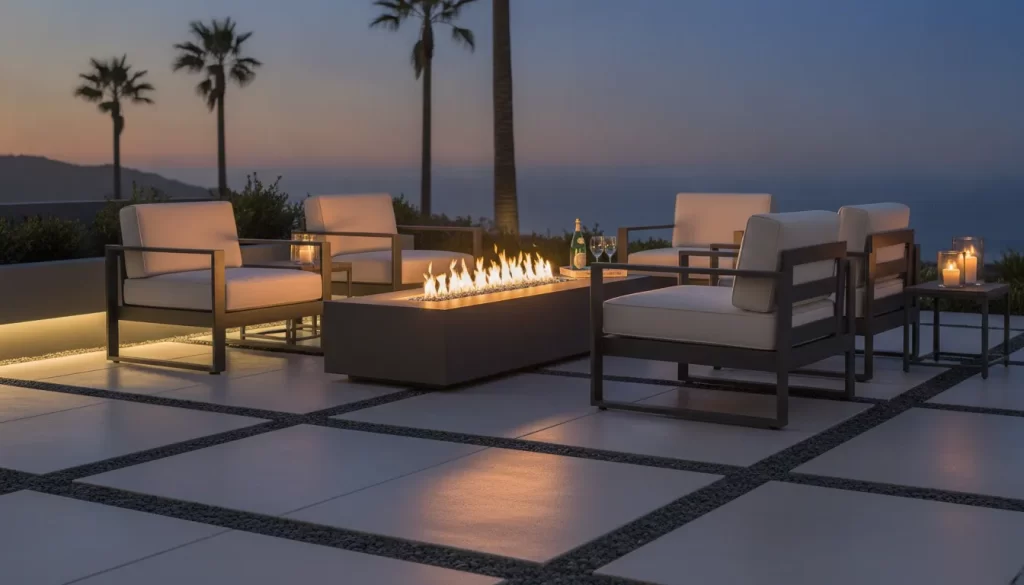 A modern gas fire pit table glowing at the center of a luxury Orange County patio at dusk