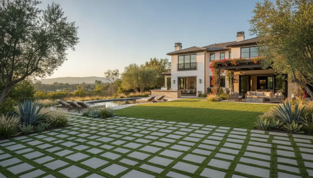 Premium Orange County grass paver grid driveway with green turf growing through open-cell concrete pavers