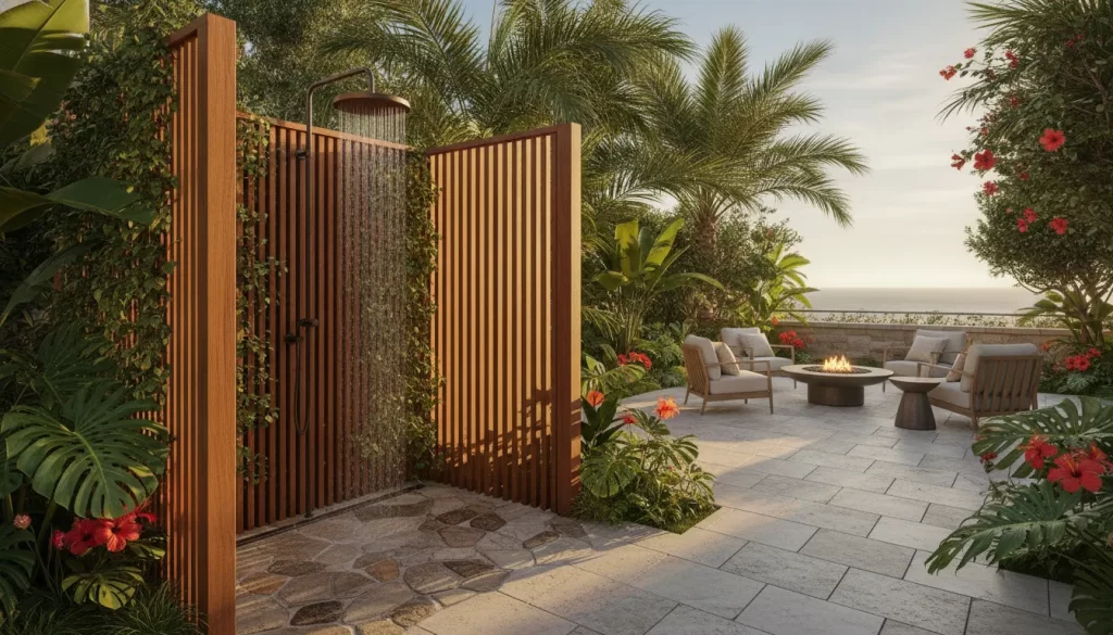 Luxury outdoor shower with natural stone paver flooring and teak wood privacy screen in a coastal Orange County backyard