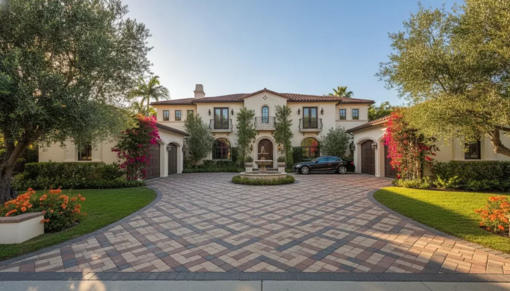 Premium paver driveway installation at an Orange County home with elegant pattern work and professional landscaping