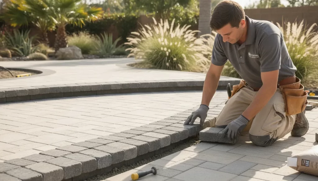 Contractor installing a paver edging border band on a new patio
