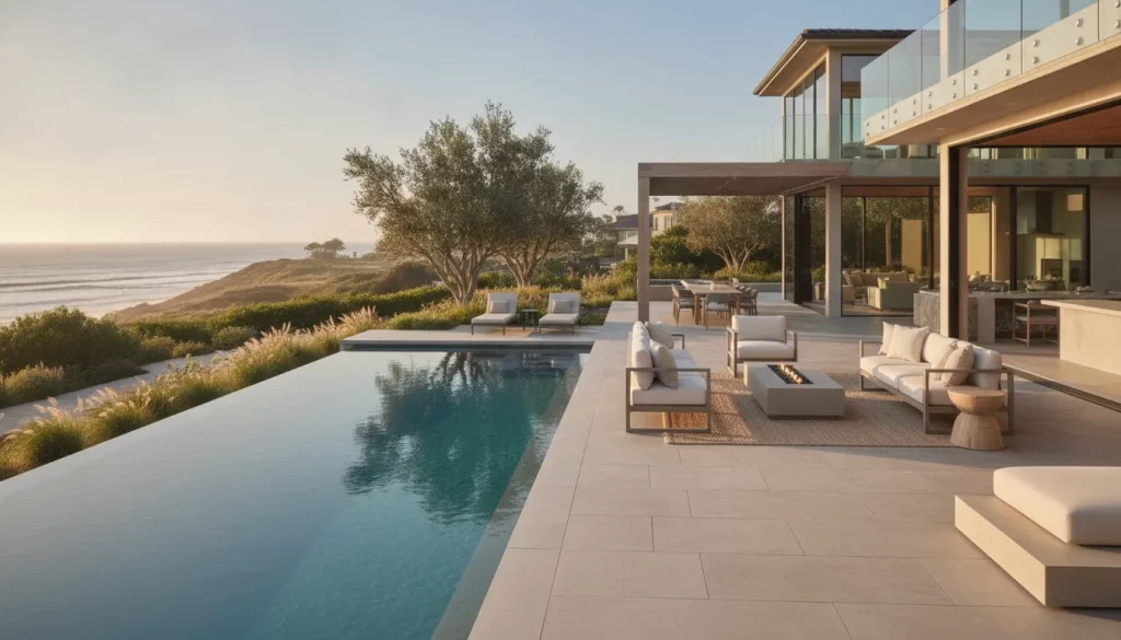Premium porcelain paver patio and pool deck in an Orange County coastal backyard