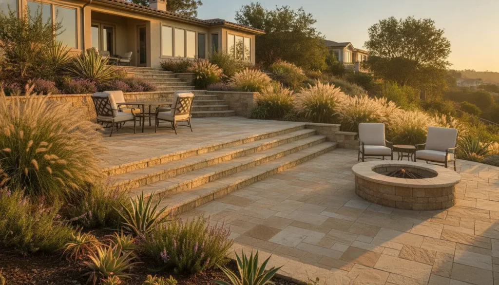Tiered paver patio on a sloped Orange County backyard with retaining walls