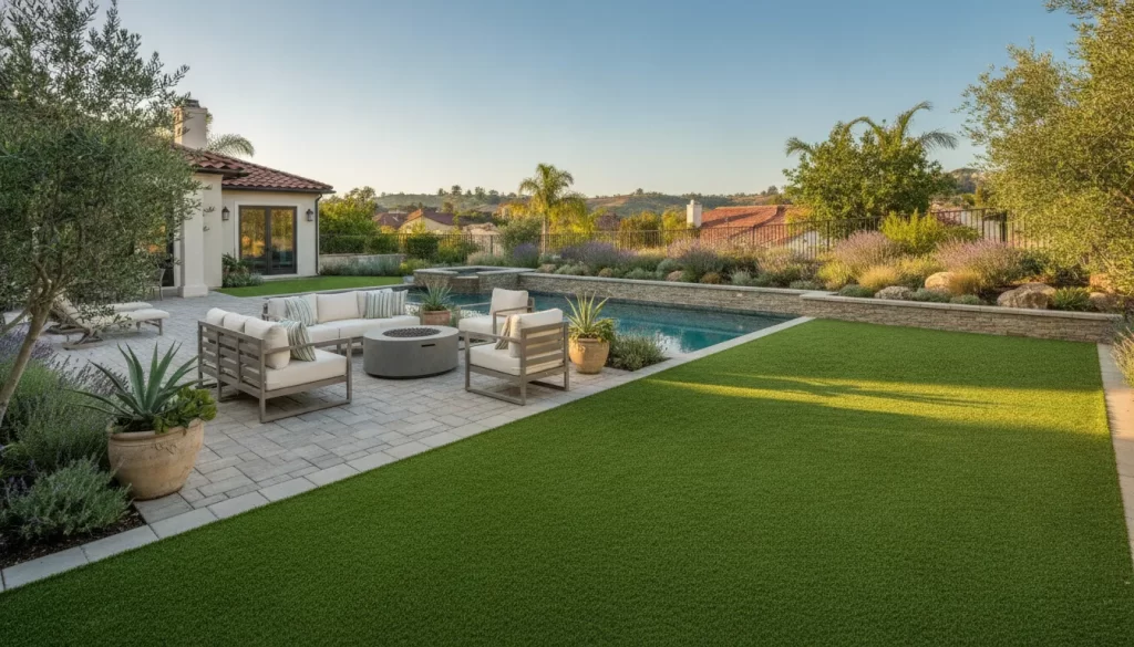 400 sq ft artificial grass beside a paver patio in an Orange County backyard
