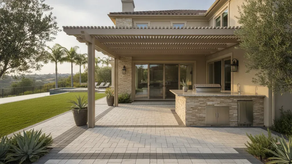 Custom Alumawood patio cover coordinated with a paver patio and outdoor kitchen at an Orange County home