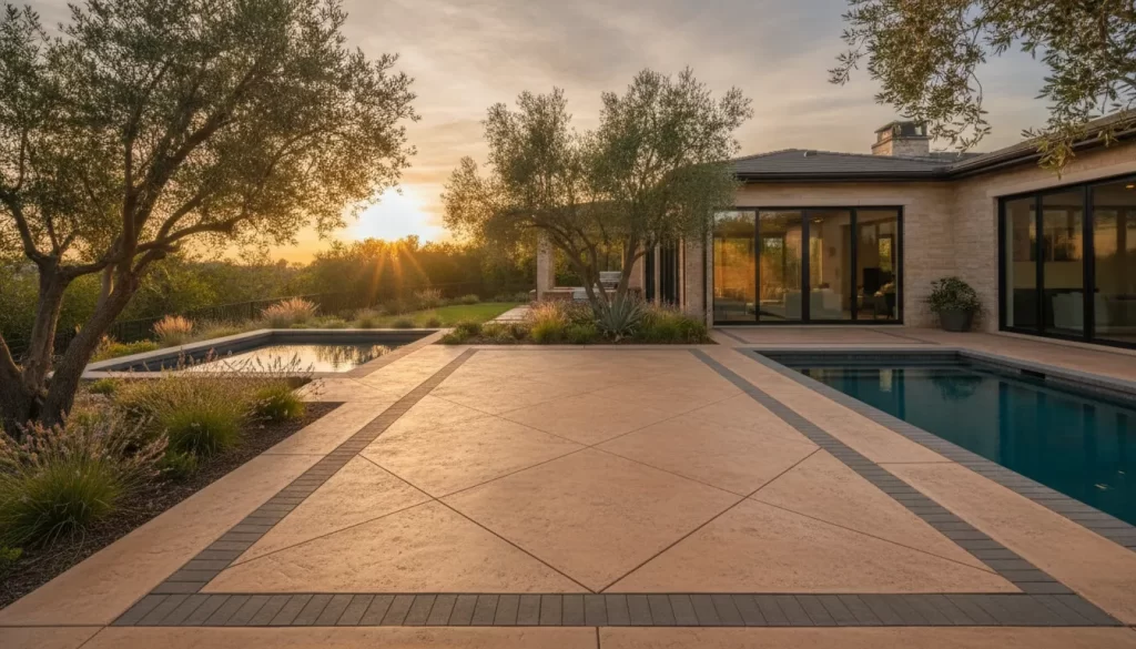 Decorative concrete patio with a stamped texture and paver border in an Orange County backyard
