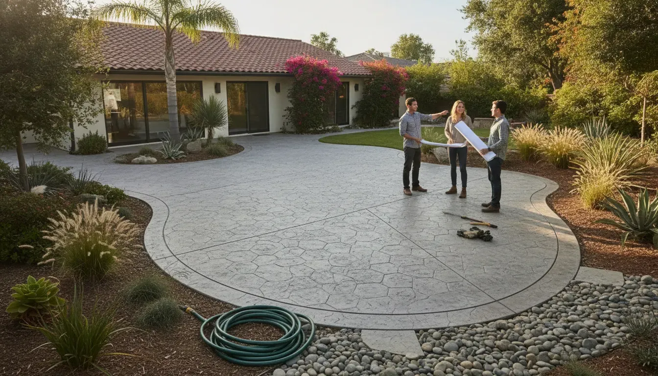 Stamped concrete patio with planned grade transitions and drainage at an Orange County home
