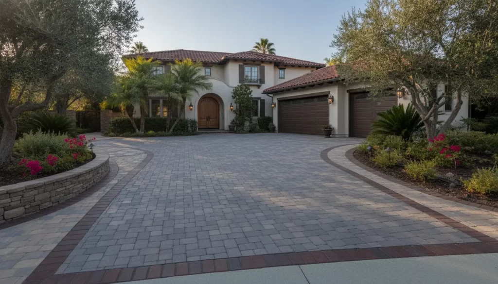 Interlocking driveway pavers at a Yorba Linda home with a contrasting border