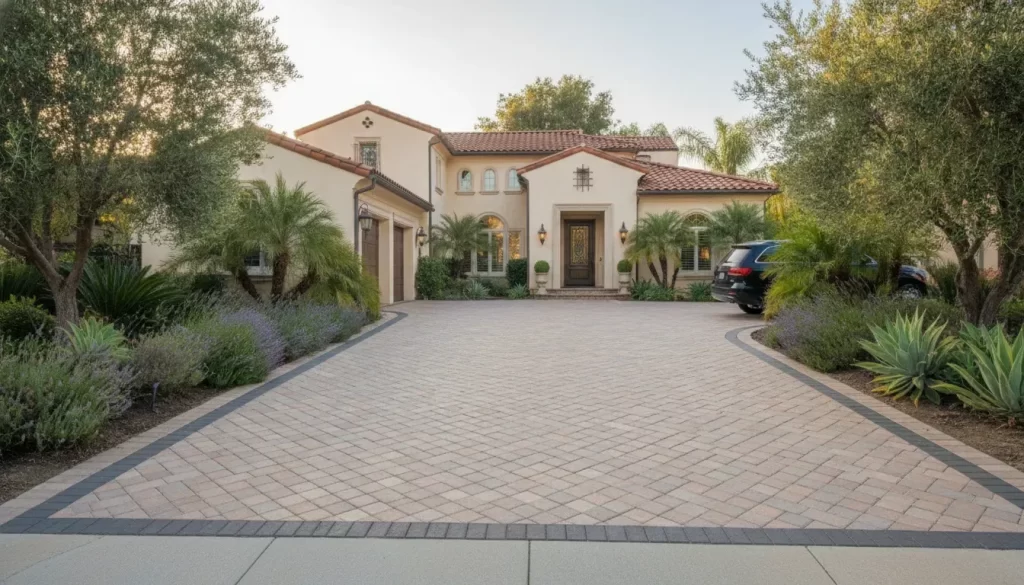 Custom driveway pavers leading to a Yorba Linda home with a contrasting border