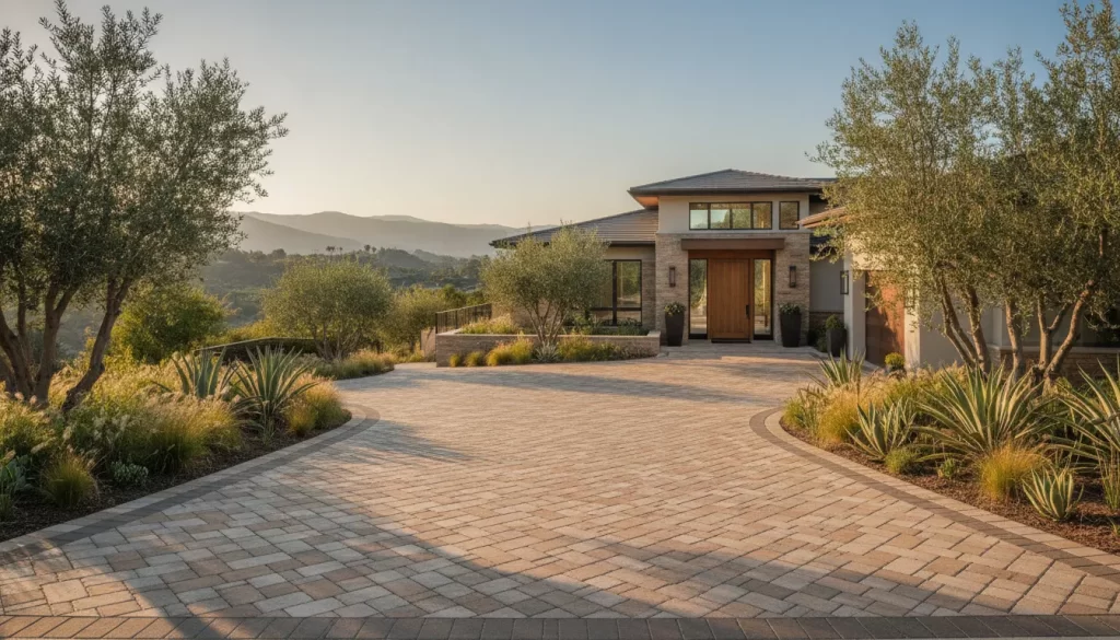 Renovated paver driveway at a Southern California hillside home