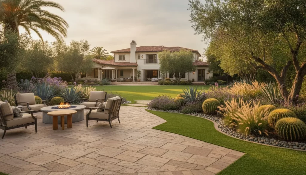 Drought tolerant Orange County backyard with synthetic turf, paver patio, fire feature, and low-water planting zones