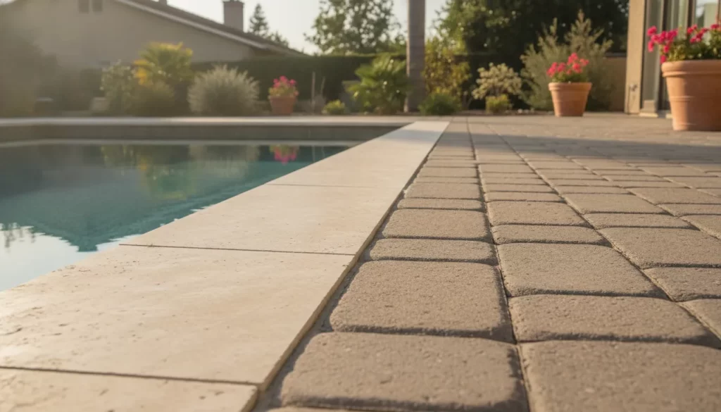 Fiberglass pool edge with coordinated coping and paver deck in an Orange County backyard