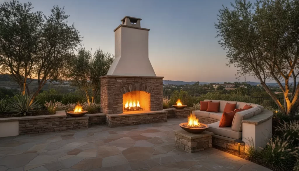 Freestanding masonry outdoor wood-burning fireplace with chimney on an Orange County paver patio