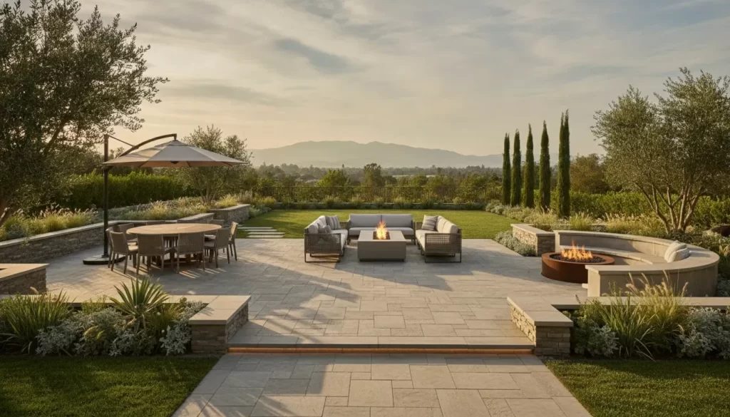 Backyard hardscape design with connected paver zones, paths, planting, and seating