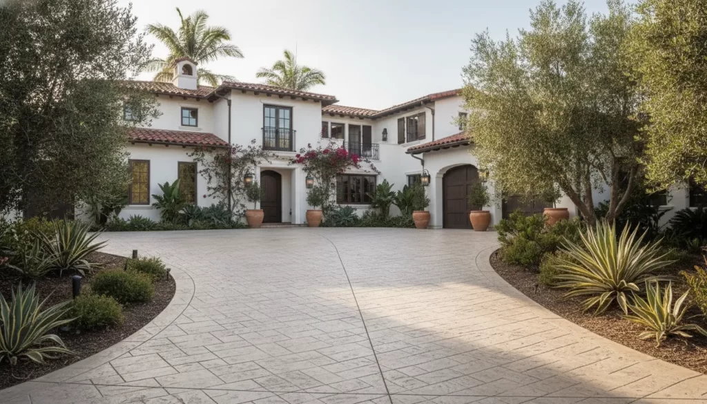 Stamped concrete driveway in a warm gray stone pattern at an Orange County home