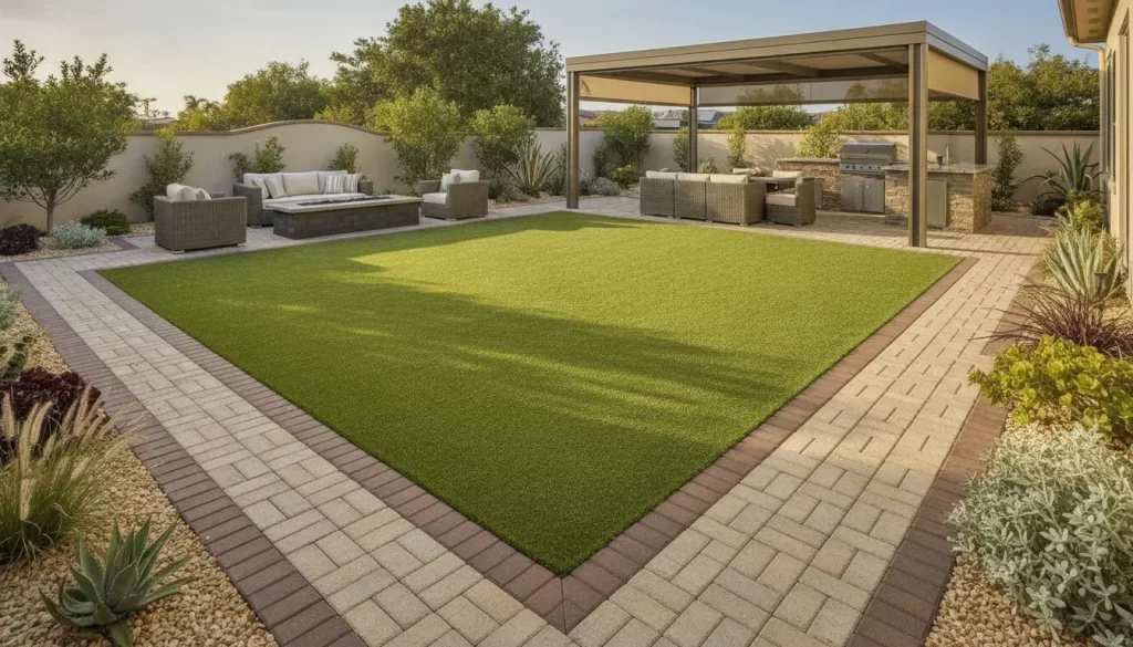 Artificial turf backyard with a paver border and outdoor living area in Orange County
