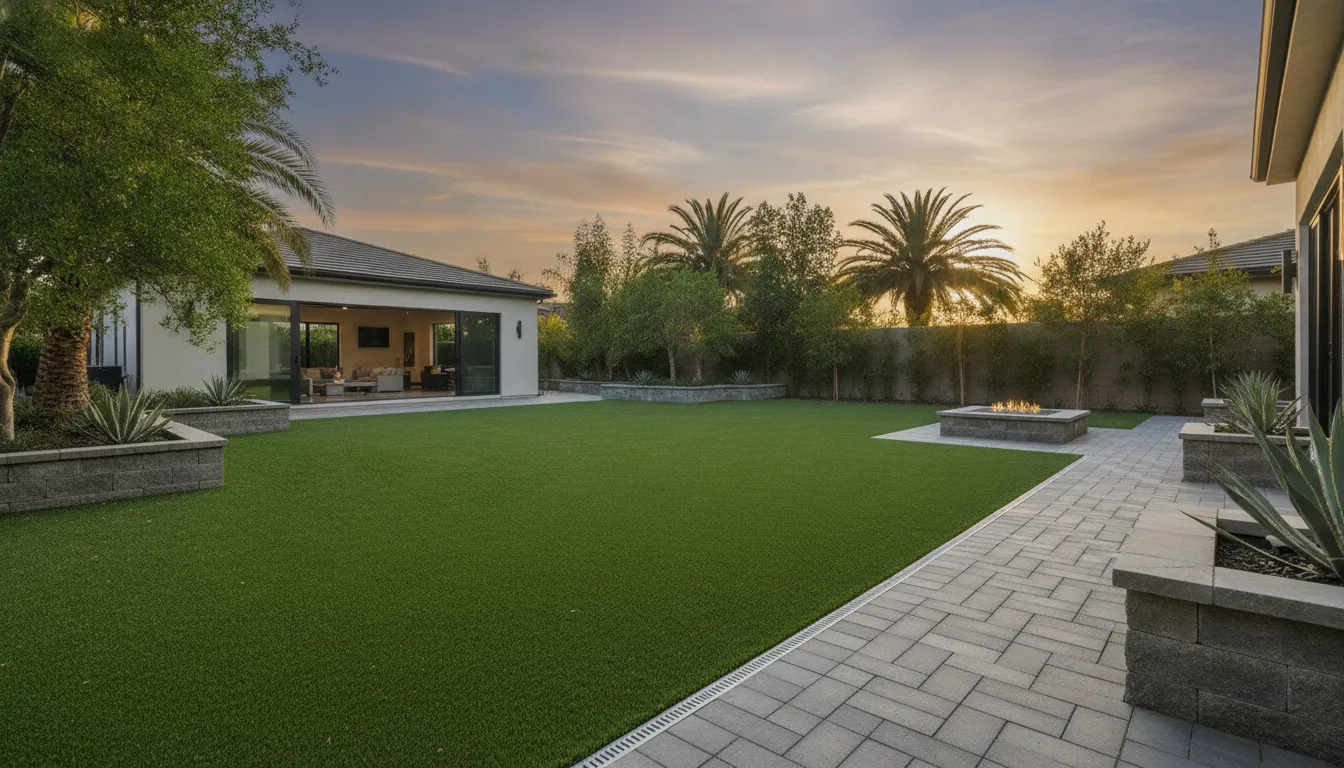 Artificial grass bordered by pavers in a coordinated outdoor living area