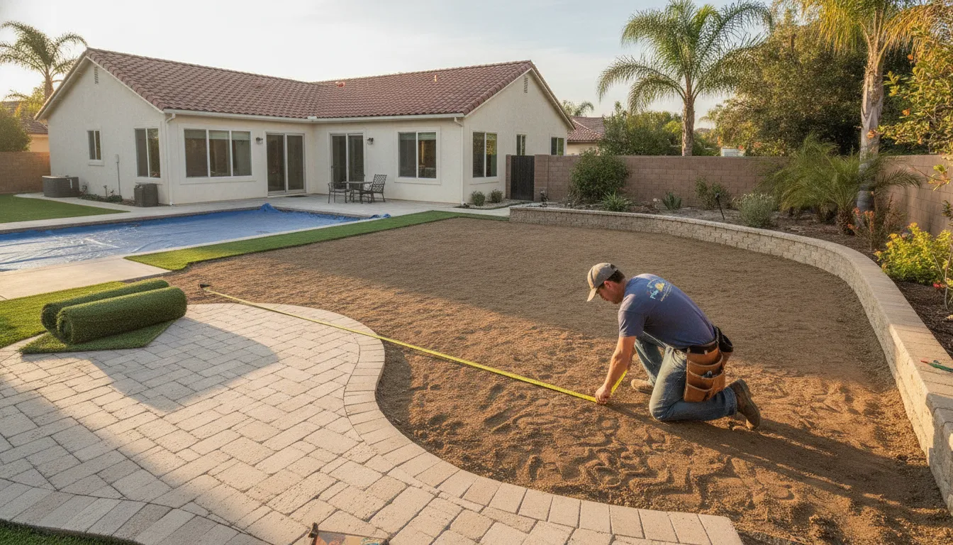 Homeowner reviewing artificial grass and natural sod options for a landscaped yard