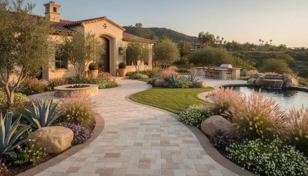 Landscape paver patio, walkway, and planting design at a Villa Park home