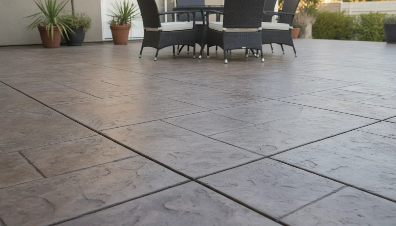 Clean stamped concrete patio surface with visible slate texture and control joints