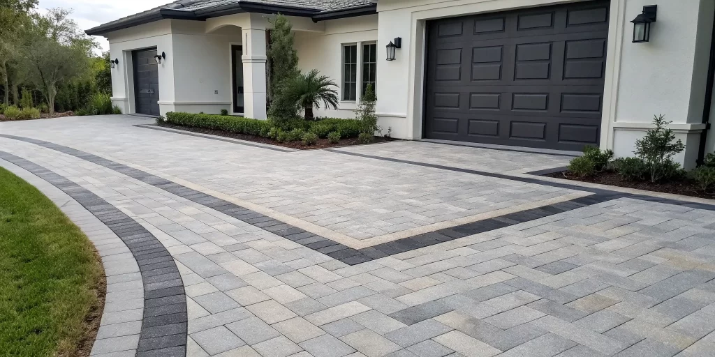 The cost of a modern paver driveway with a custom gray and beige pattern.