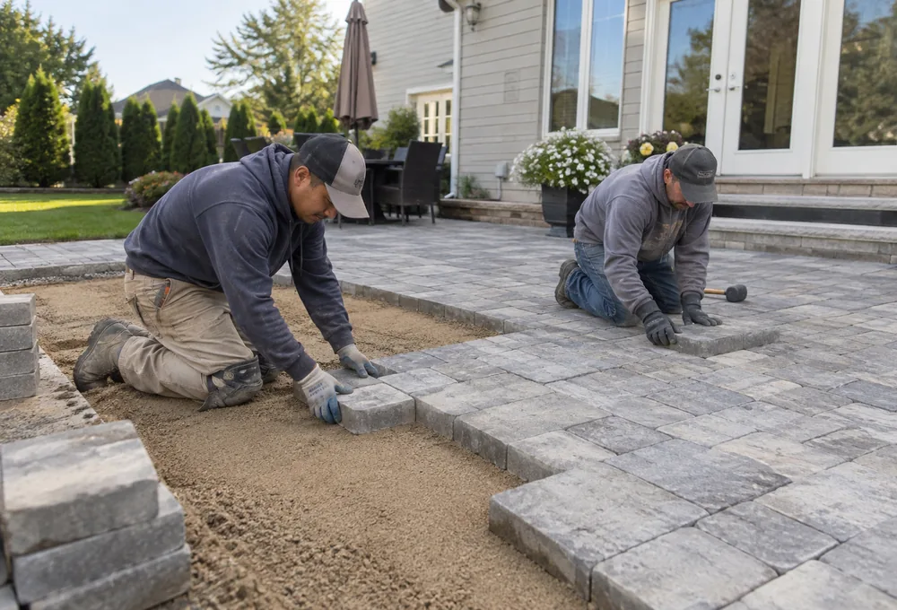 Paver Installation in Yorba Linda - CA underway as a crew levels a backyard patio base, Paver Installation in Newport Beach - CA crew setting a patio border beside a coastal backyard