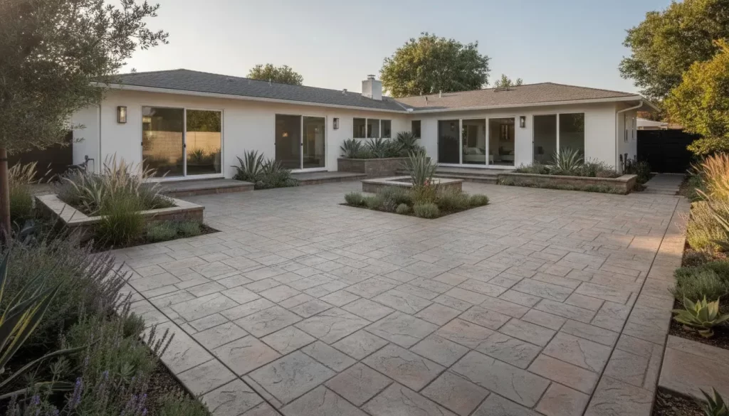 Stamped concrete patio with a slate-like pattern in an Orange County backyard