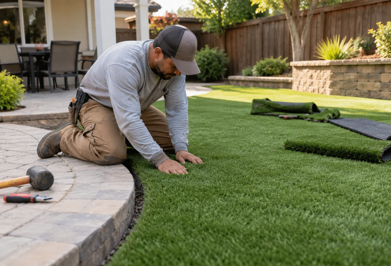 Artificial Turf Installation in Yorba Linda - CA underway as installers secure seams across a backyard lawn, Installer trimming artificial turf installation around curved borders at a Mission Viejo - CA front yard