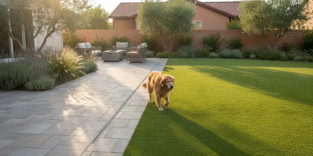 Dog resting on a clean synthetic turf lawn beside a paved backyard patio