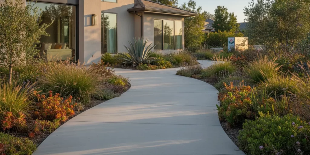 Curving concrete walkway connecting a Southern California home to a landscaped backyard