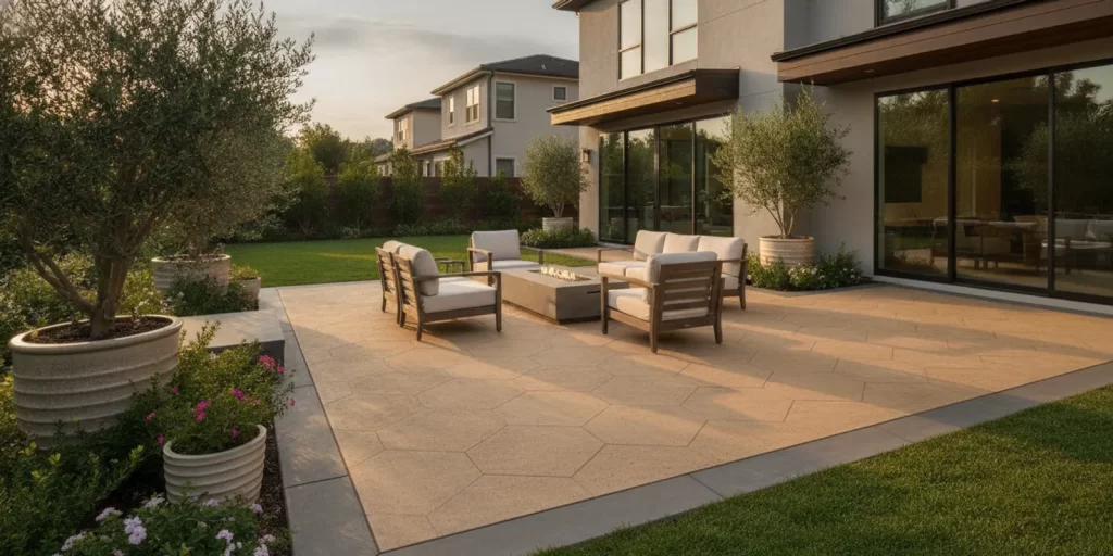 Warm-toned decorative concrete patio with a subtle scored pattern, lounge seating, and planting beds beside a home