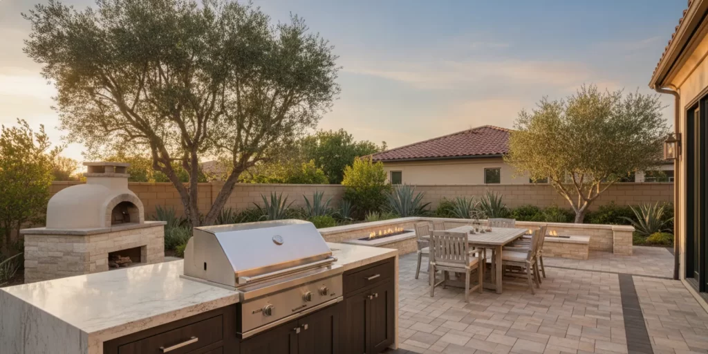 Outdoor kitchen with a stone counter, built-in grill, and paver patio in a landscaped backyard