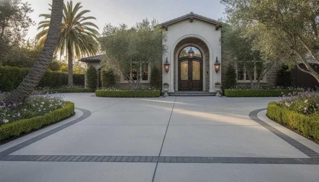 Large concrete driveway with a contrasting paver border at an Orange County home
