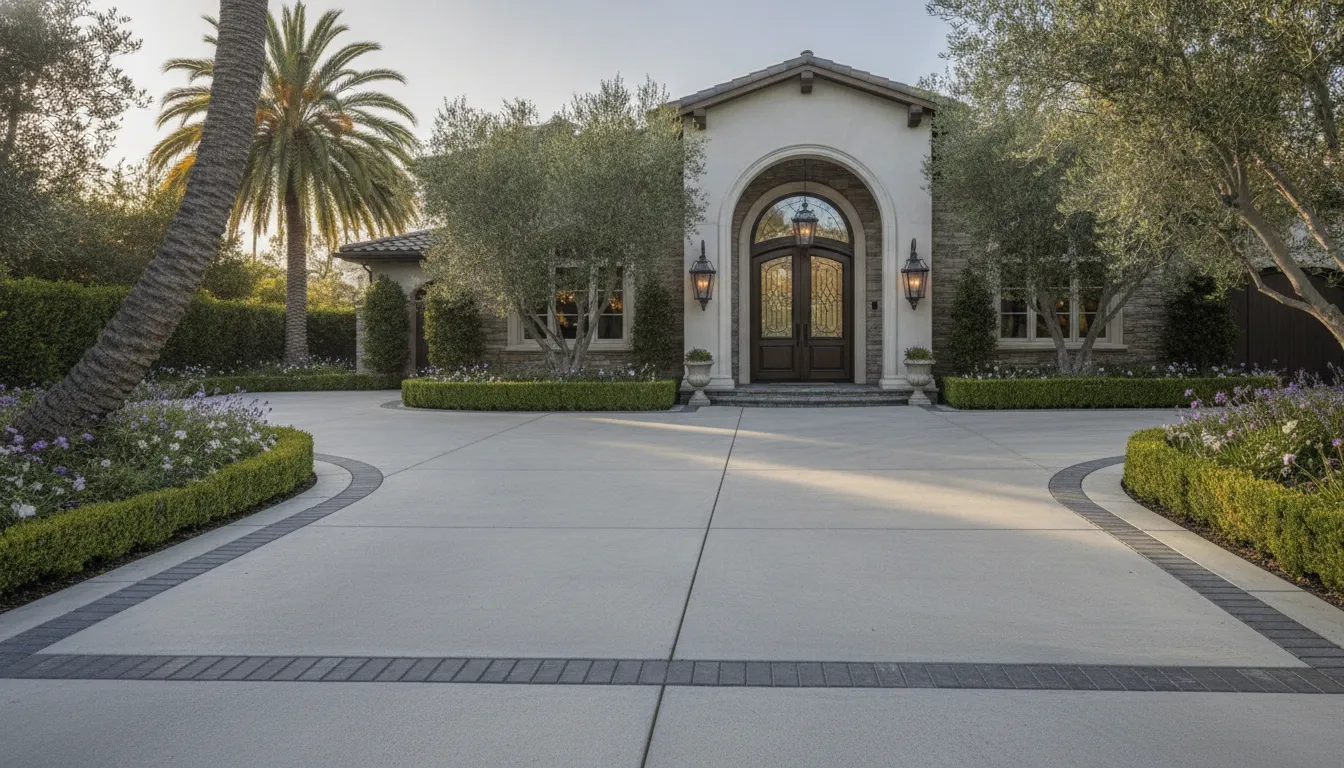 Large concrete driveway with a contrasting paver border at an Orange County home
