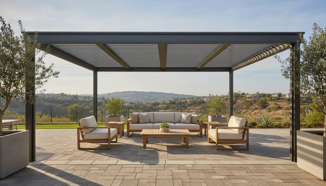 Modern louvered roof patio cover over an Anaheim Hills paver patio