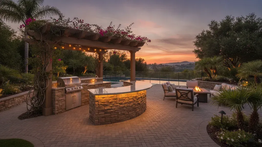 Luxury outdoor kitchen with covered seating and paver patio in Yorba Linda