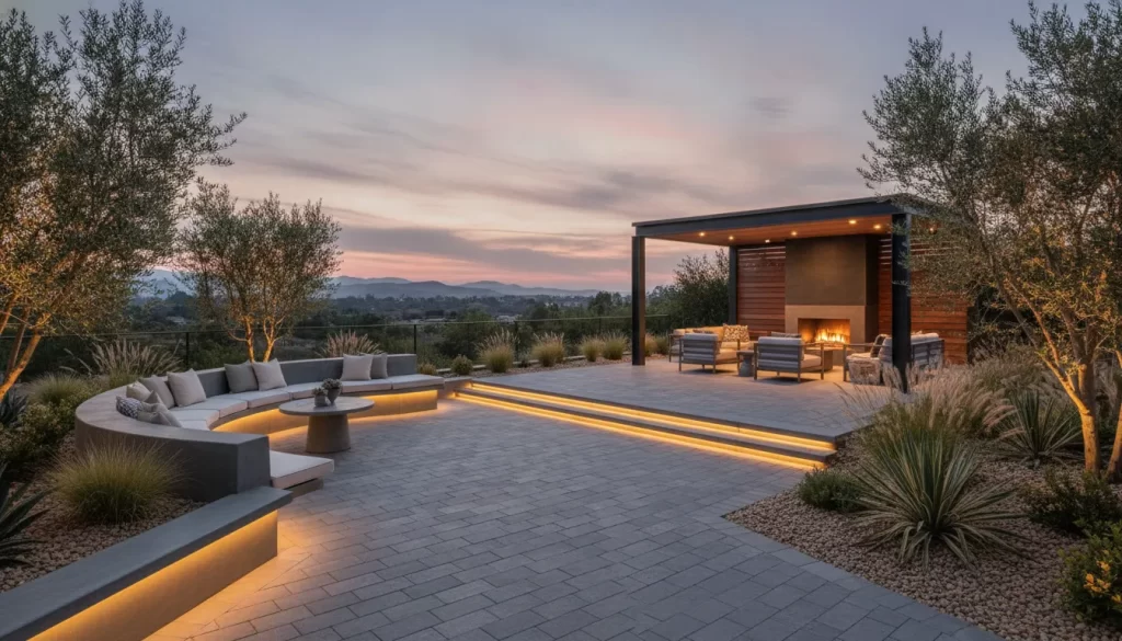 Modern hardscape design Irvine backyard with pavers, outdoor room, planting, and lighting
