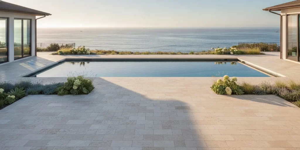 Textured paver pool deck beside a swimming pool at a Newport Beach home
