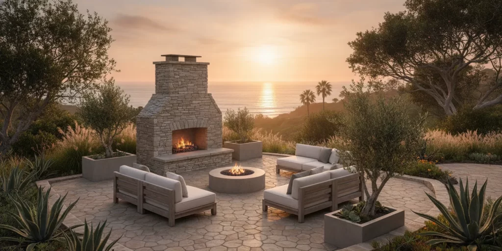 Stone outdoor fireplace integrated into a landscaped Newport Beach patio