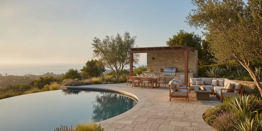 A Newport Coast backyard with a paved patio, pool, outdoor kitchen, and coastal landscaping