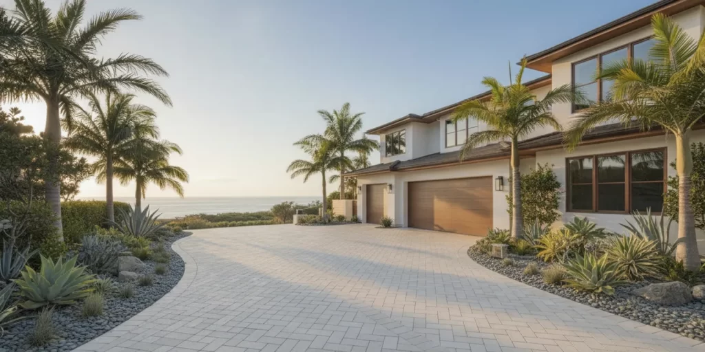 Crew preparing a paver driveway in front of a coastal Newport Beach home